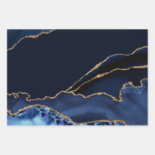 Blue and Imitate Gold Glitzer Marble Agate Geschenkpapier Set