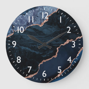 Blue and Imitate Gold Glitzer Marble Agate Große Wanduhr