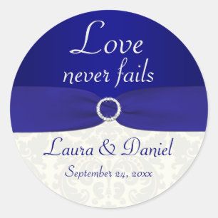 Blue and Ivory Damask 1,5" Round Wedding Sticker
