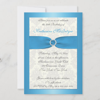 Blue and Ivory Damask 50. Geburtstag Einladung