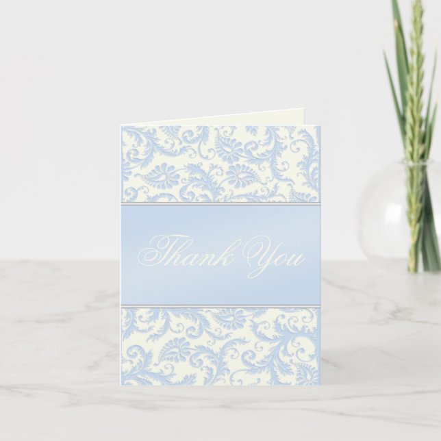 Blue and Ivory Damask Danke Card (Vorderseite)