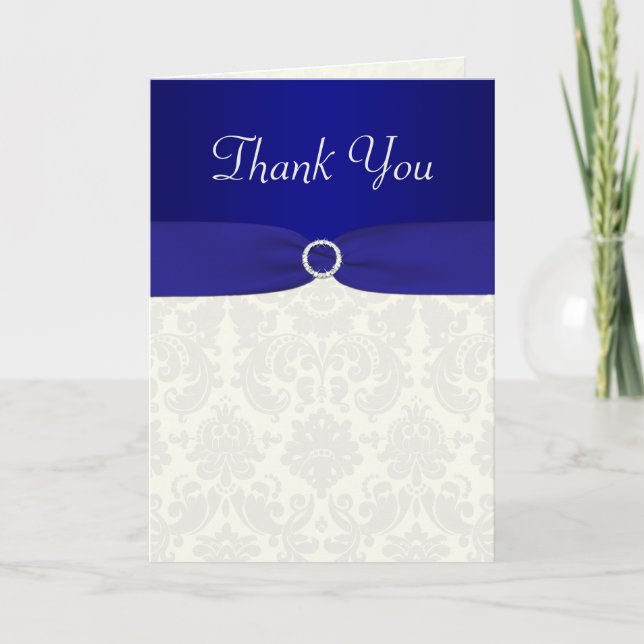 Blue and Ivory Damask Danke, Card Dankeskarte (Vorderseite)
