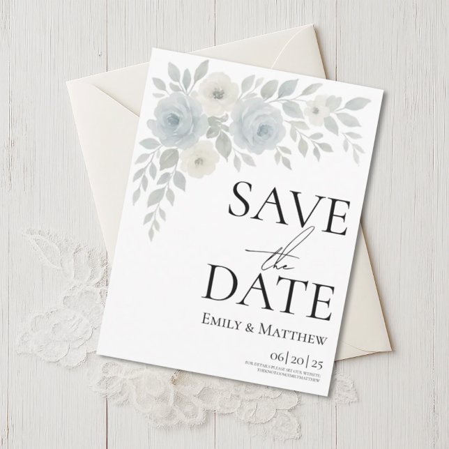 Blue and Ivory Floral Save The Date Ankündigungspostkarte (Von Creator hochgeladen)