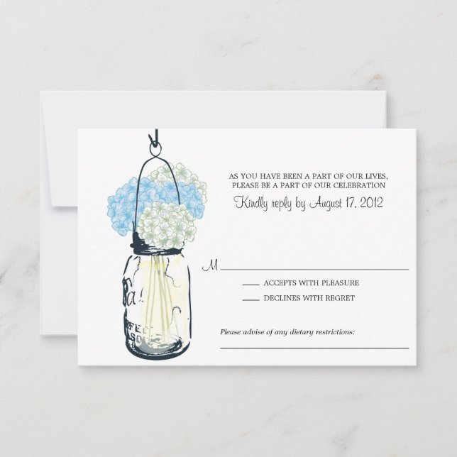 Blue and Ivory Hydrangea & Mason Jar Wedding RSVP (Vorderseite)