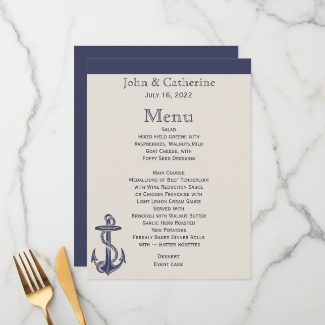 Blue and Ivory Nautical Themed Wedding Menu Menükarte (Vorderseite/Rückseite Beispiel)