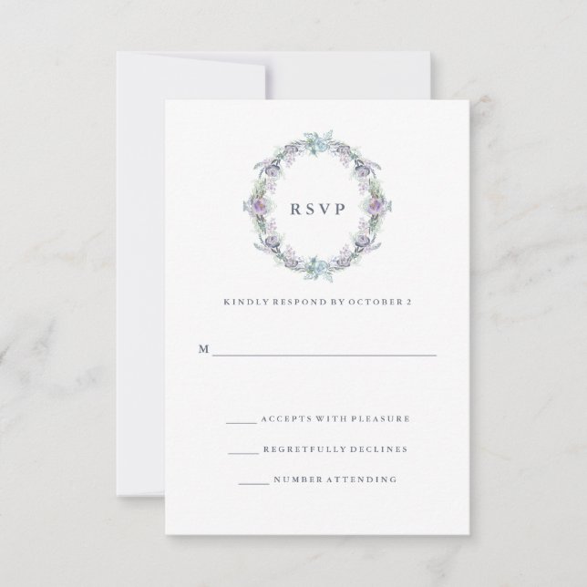 Blue and Lila Floral Wreath Wedding RSVP Karte (Vorderseite)