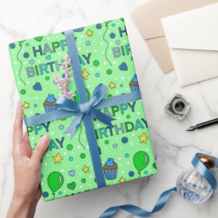 Blue and Lime Green Boy's Happy Birthday   Geschenkpapier
