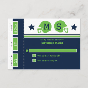 Blue and Lime Green Football Ticket Wedding RSVP Karte