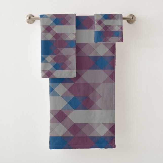 blue and mauve geometric pattern badhandtuch set (Insitu)