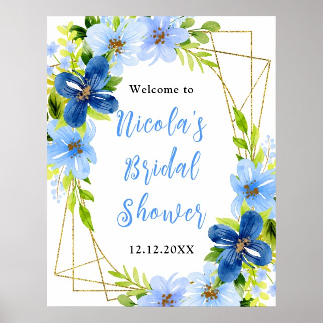 Blue and Navy Flowers Bridal Shower Welcome Poster (Vorne)