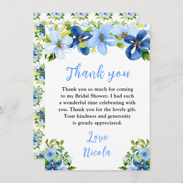 Blue and Navy Flowers with Foliage Bridal Shower Dankeskarte (Vorne/Hinten)