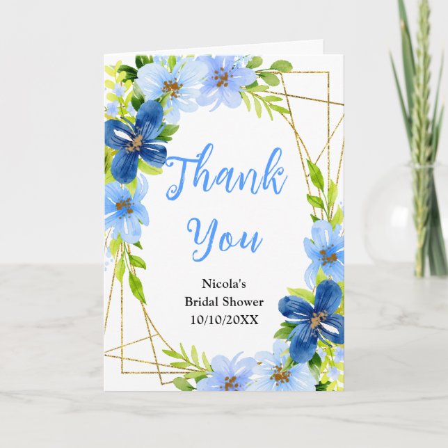 Blue and Navy Flowers with Foliage Bridal Shower Dankeskarte (Vorderseite)