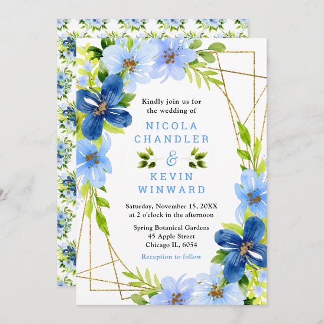 Blue and Navy Flowers with Foliage Wedding Einladung (Vorne/Hinten)