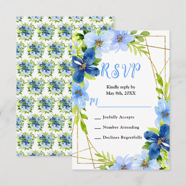 Blue and Navy Flowers with Foliage Wedding RSVP Karte (Vorne/Hinten)
