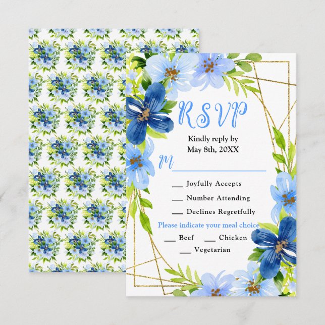 Blue and Navy Flowers with Foliage Wedding RSVP Karte (Vorne/Hinten)