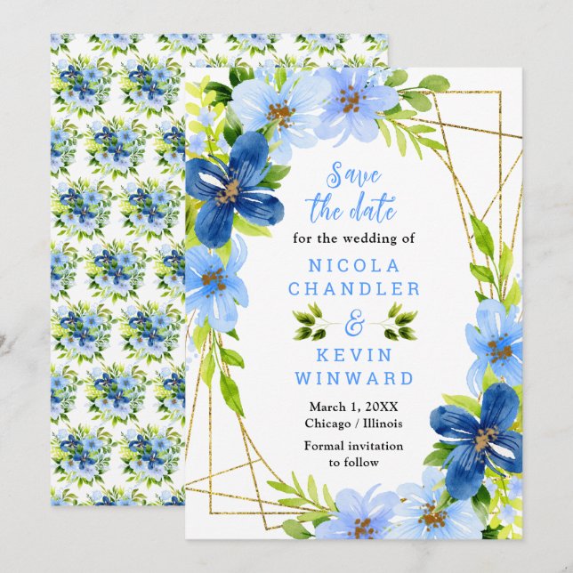 Blue and Navy Flowers with Foliage Wedding Save The Date (Vorne/Hinten)