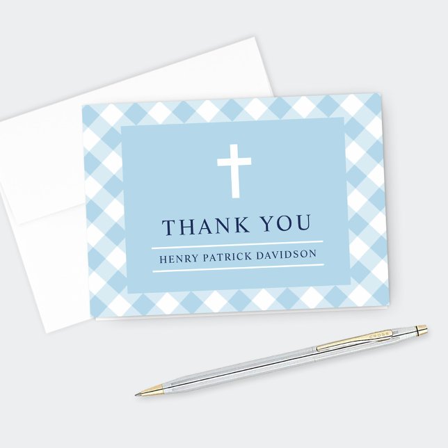 Blue and Navy Gingham Kariert Boy First Communatio Dankeskarte (Von Creator hochgeladen)