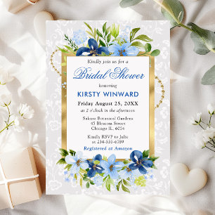 Blue and Navy Summer Blume Gold Brautparty Einladung
