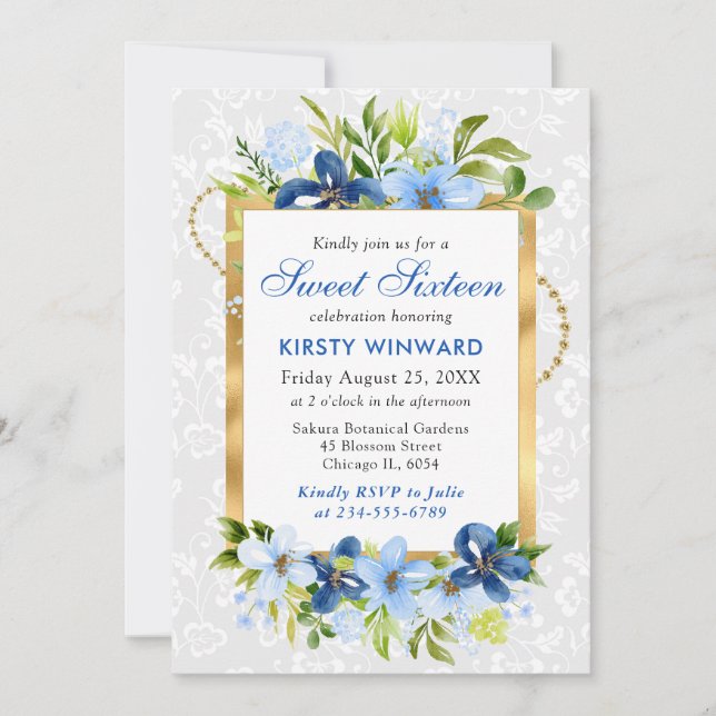Blue and Navy Summer Blume Gold Foil Sweet 16 Einladung (Vorderseite)