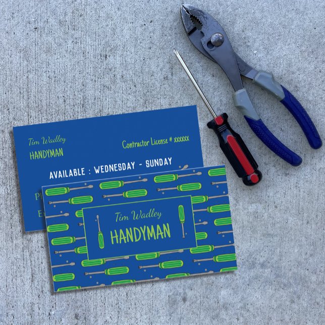 Blue and Neon Green Handyman Business Cards Visitenkarte (Von Creator hochgeladen)
