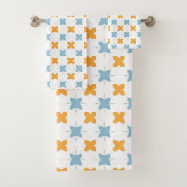 Blue and orange floral tile pattern badhandtuch set