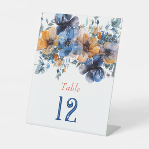 Blue and Orange Paint Floral Wedding Tischnummer Sockelschild