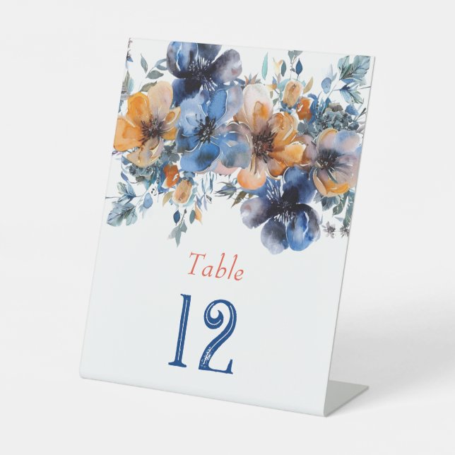 Blue and Orange Paint Floral Wedding Tischnummer Sockelschild (Vorderseite)