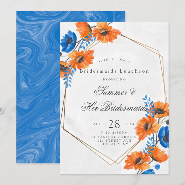 Blue and Orange Poppy Bridesmaids Luncheon Einladung (Vorne/Hinten)