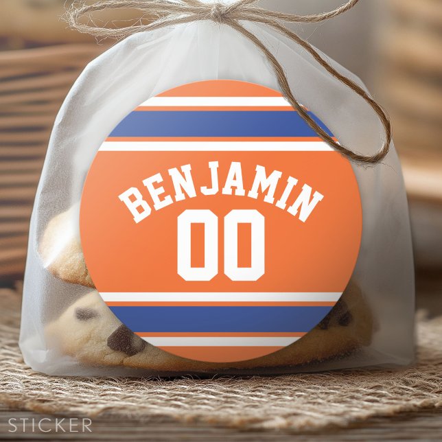 Blue and Orange Sports Jersey Individuelle Name Nu Runder Aufkleber (Custom Sticker for Party Favors and Envelopes)