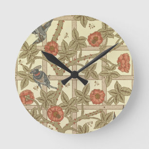Blue and orange trellis wallpaper design, 1864 runde wanduhr
