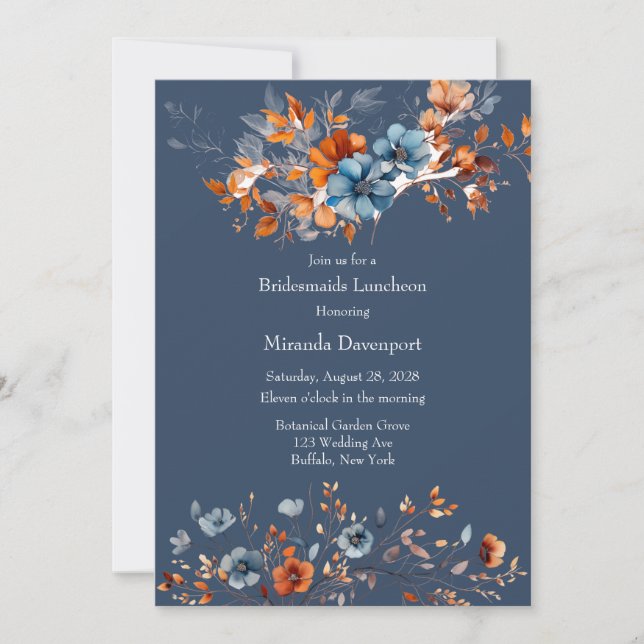 Blue and Orange Wildblumen Bridesmaids Luncheon Einladung (Vorderseite)