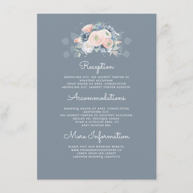 Blue and Peach Floral Wedding Information Guest Begleitkarte (Vorderseite)