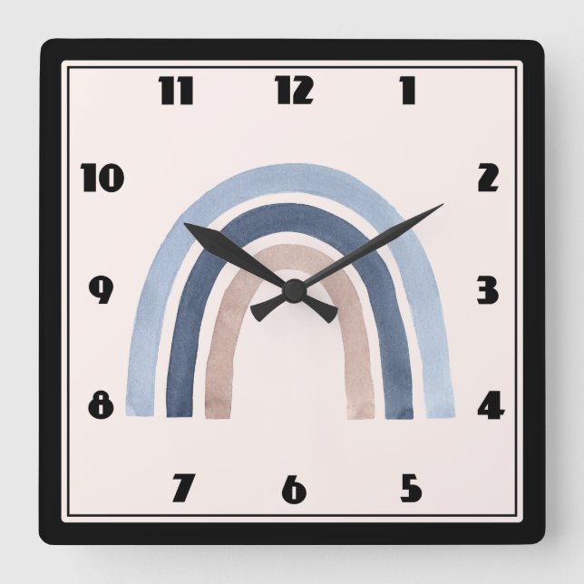 Blue and Peach Rainbow Boho Design Quadratische Wanduhr (Vorderseite)