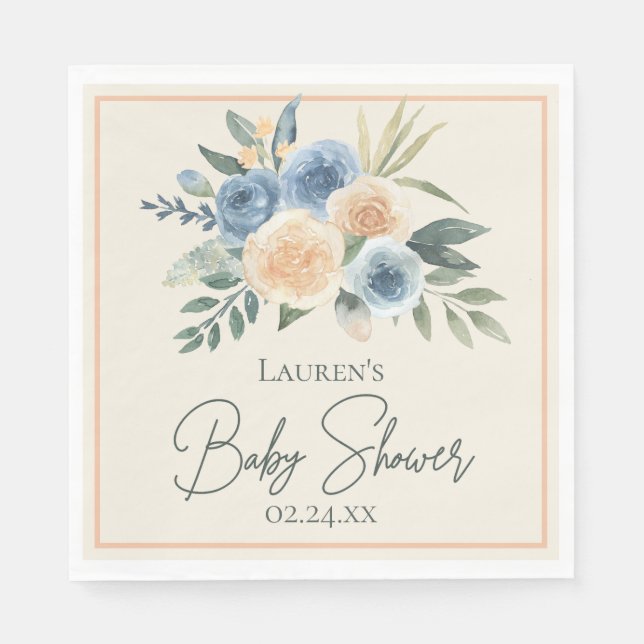 Blue and Peach Watercolor Floral Baby Dusche Serviette (Vorderseite)