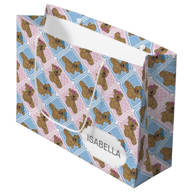 Blue and Pink Baby Teddy Bears Große Geschenktüte (Vorderseite Schrägansicht)