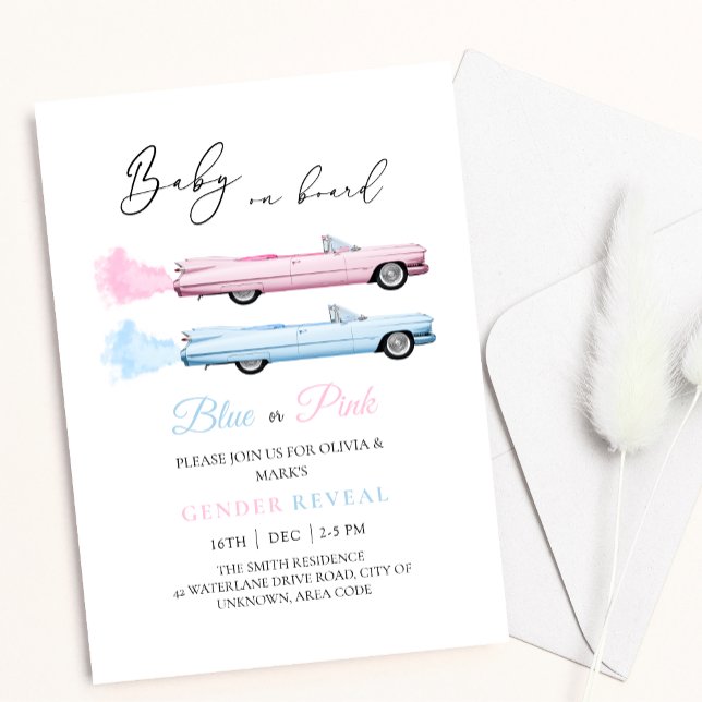 Blue and Pink Cadillac Car Baby Gender Reveal Einladung (Von Creator hochgeladen)