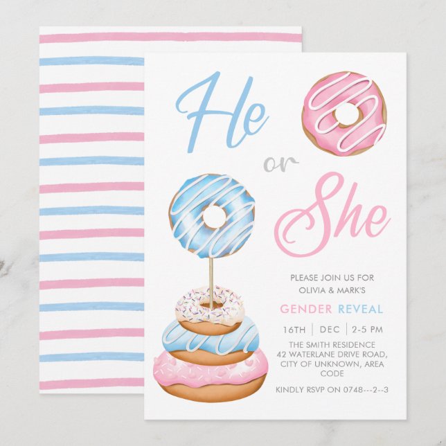 Blue and Pink Donut Doughnut Baby Gender Reveal Einladung (Vorne/Hinten)