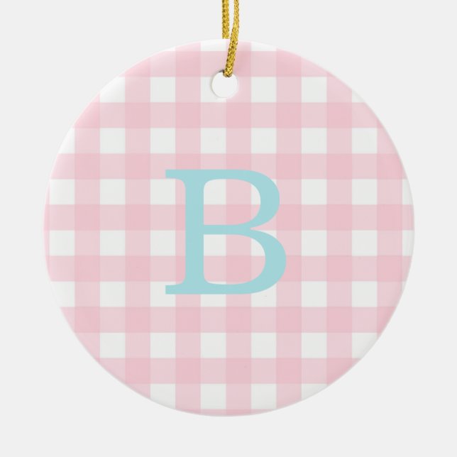 Blue and Pink Gingham Monogram Keramik Ornament (Vorne)