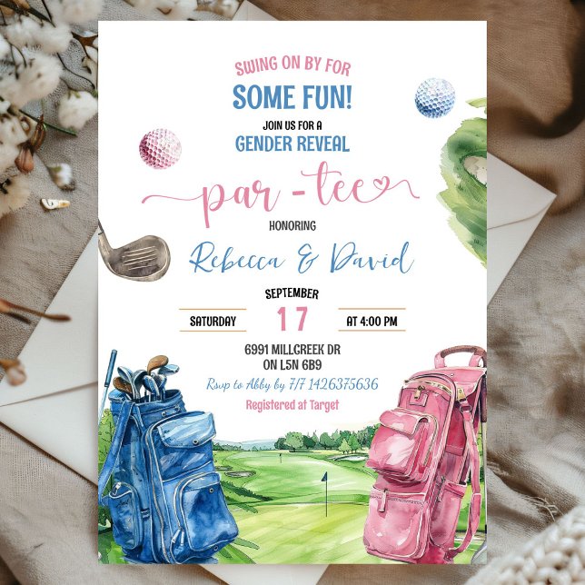 Blue and Pink Golf Theme Gender Reveal Par T-Shirt Einladung (Von Creator hochgeladen)
