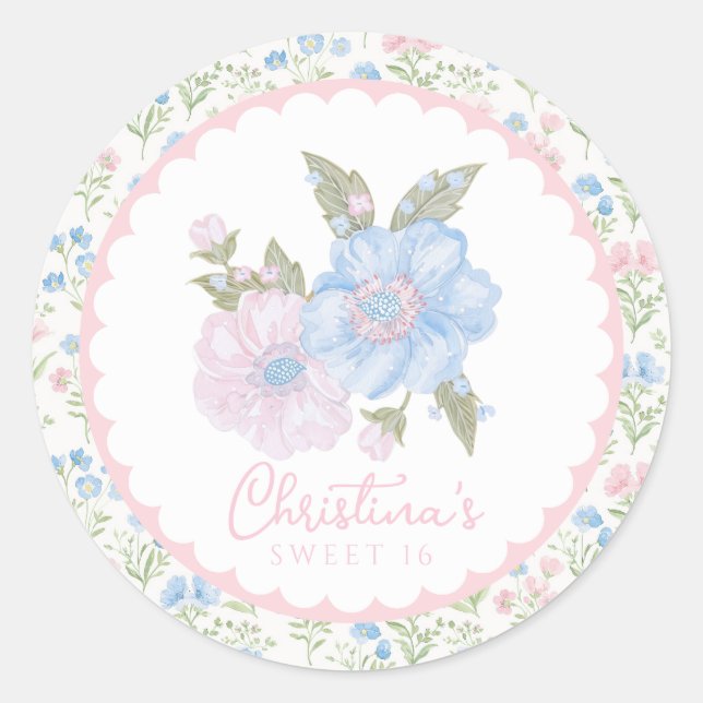 Blue and Pink Grandmillennial Floral Sweet 16 Runder Aufkleber (Vorderseite)
