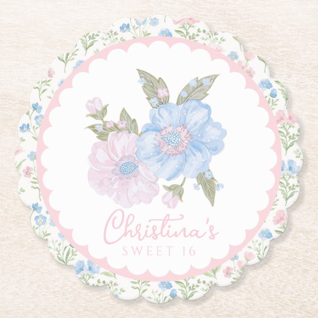 Blue and Pink Grandmillennial Floral Sweet 16 Untersetzer (Vorderseite)