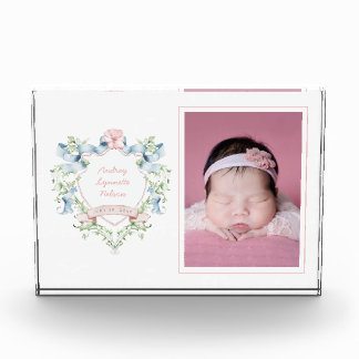 Blue and Pink Grandmillennial Ribbon Wappen Baby Fotoblock