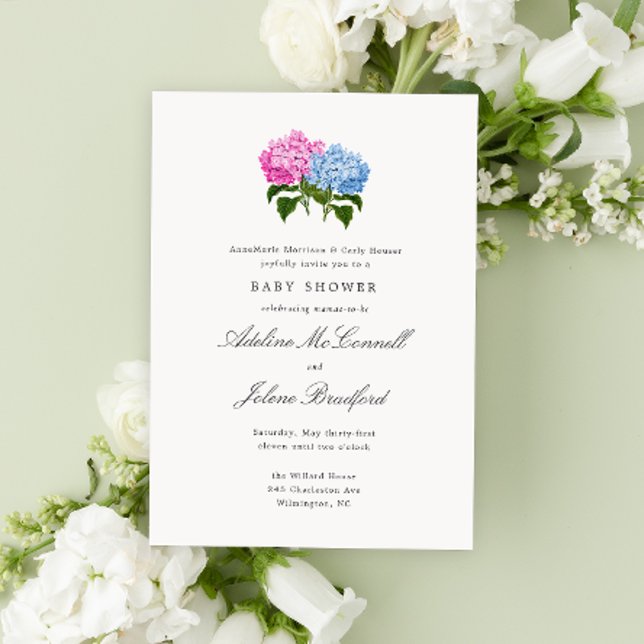 Blue and Pink Hydrangea Grand Millennium Einladung (Pink and blue two mothers double baby shower invitation with hydrangea flowers and traditional style)