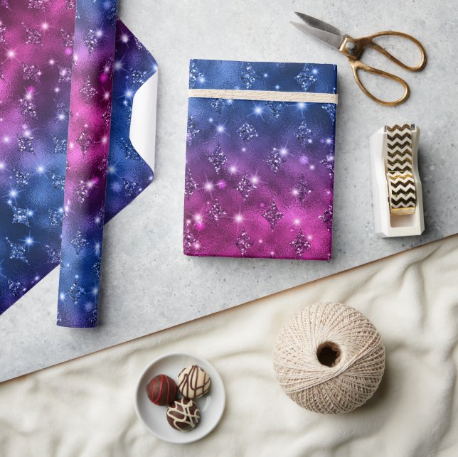 Blue and Pink Ombre Glitzer Celestial Pattern Geschenkpapier (Kunsthandwerk)