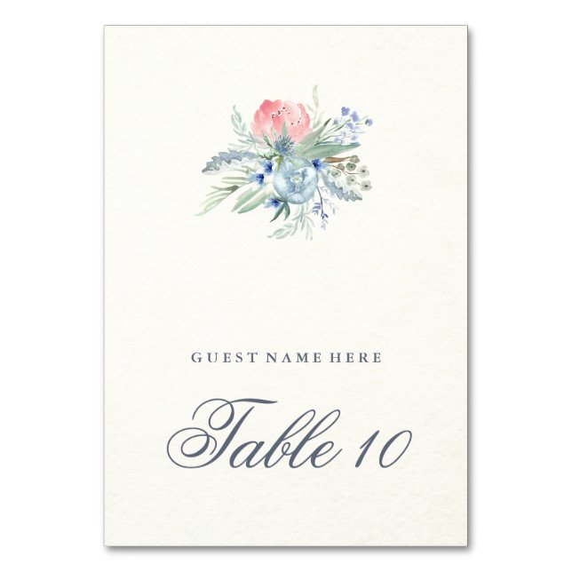 Blue and Pink Peonies Wedding Escort Card Tischnummer (Vorderseite)