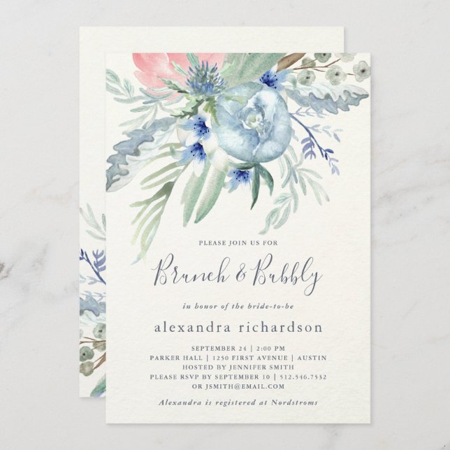 Blue and Pink Peony Bridal Brunch & Bubbly Einladung (Vorne/Hinten)