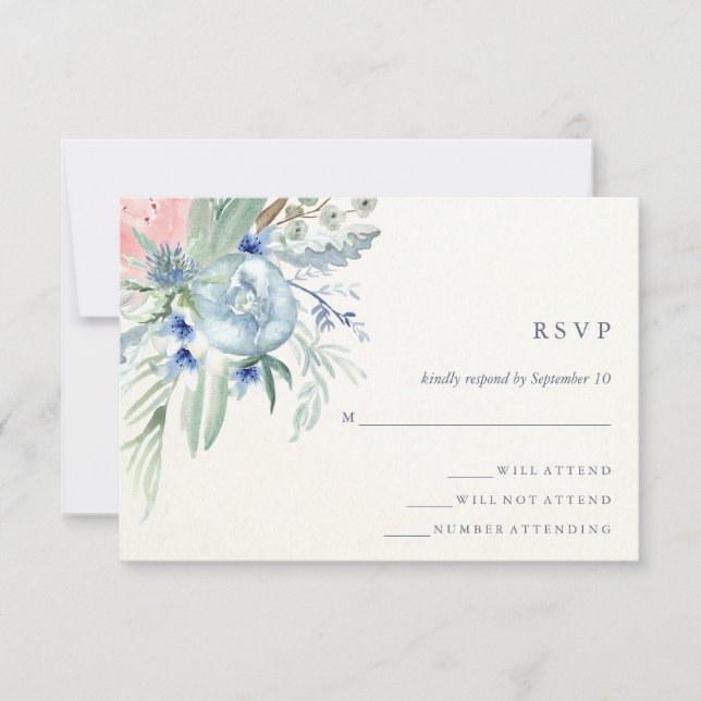 Blue and Pink Peony Watercolor Wedding RSVP (Vorderseite)