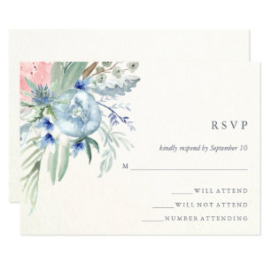 Blue and Pink Peony Watercolor Wedding RSVP Karte