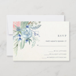Blue and Pink Peony Watercolor Wedding RSVP Karte