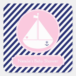 Blue and Pink Sailboat Babydusche Quadratischer Aufkleber